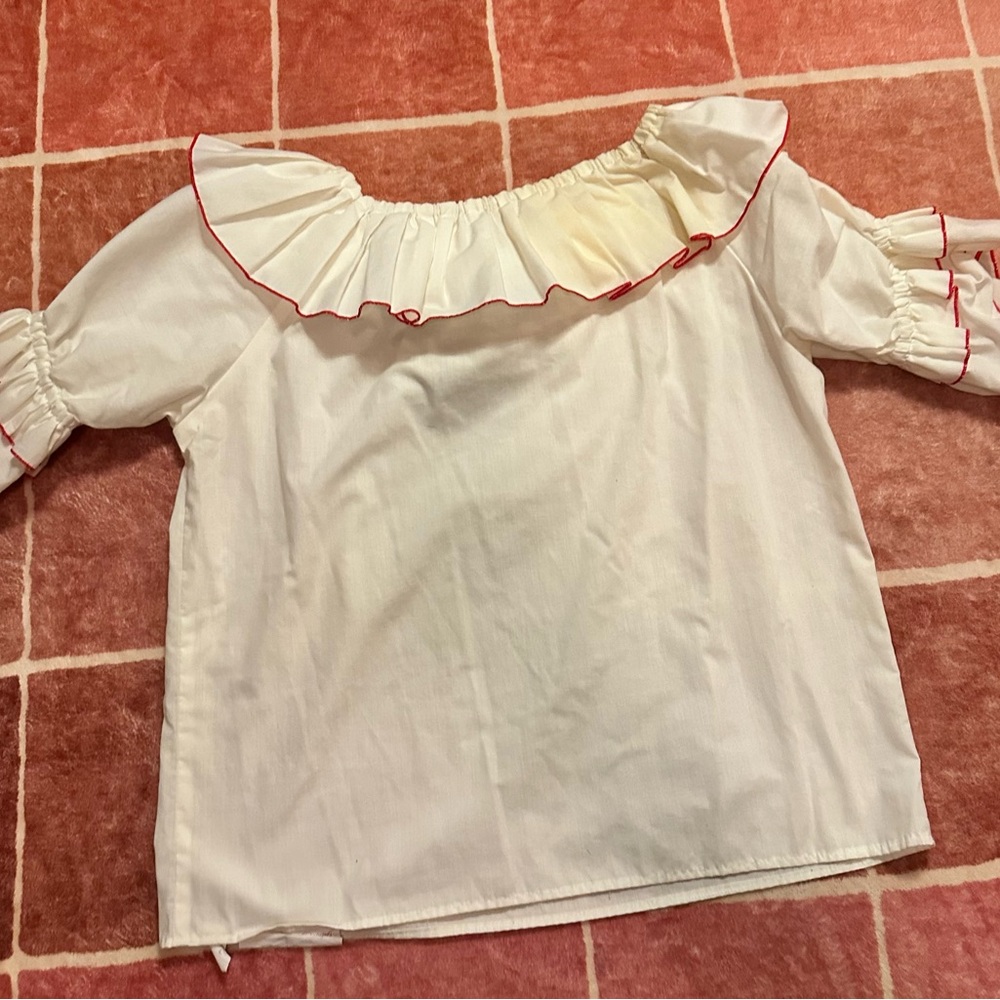 Women's White Ruffle Off-Shoulder Blouse with Red Trim - Picture 2 of 3
